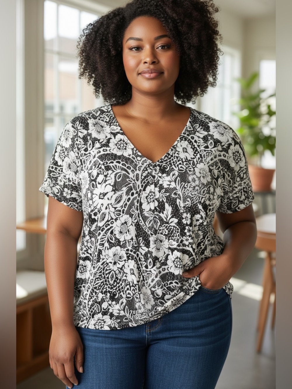 Double Take Black & White Printed Top Label